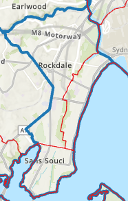 Rockdale State Electorate with the red lines marking the boundaries of the overlapping Federal Electorates. Barton in the West and North, Kingsford Smith in the East, and Cook to the South.
